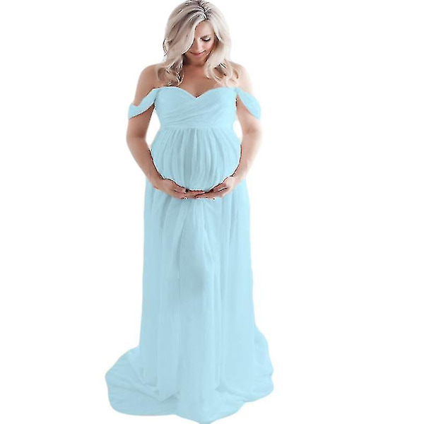 Maternity Dress For Photography Off Shoulder Chiffon Gown Split Front Maxi Pregnancy Dresses Baby Shower Dress Pregnancy Dresses For Photo Shoot Blue S