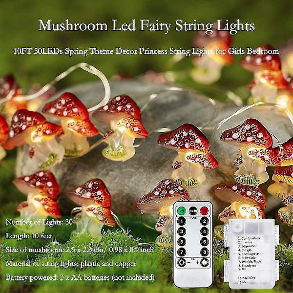 Mushroom Decoration Led String Lights 10 Feet 30 Led Battery-powered Waterp