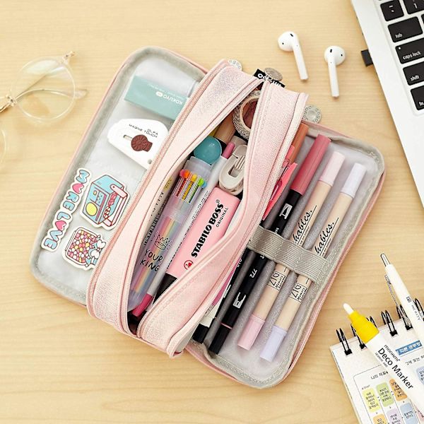 Large Pencil Case Big Capacity 3 Compartments Canvas Pencil Pouch For Students pink