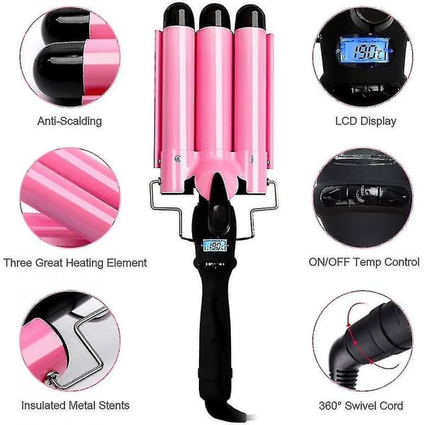 3 Barrel Curling Iron 25mm Curling Iron Curling Iron With Led Temperature Display Pink