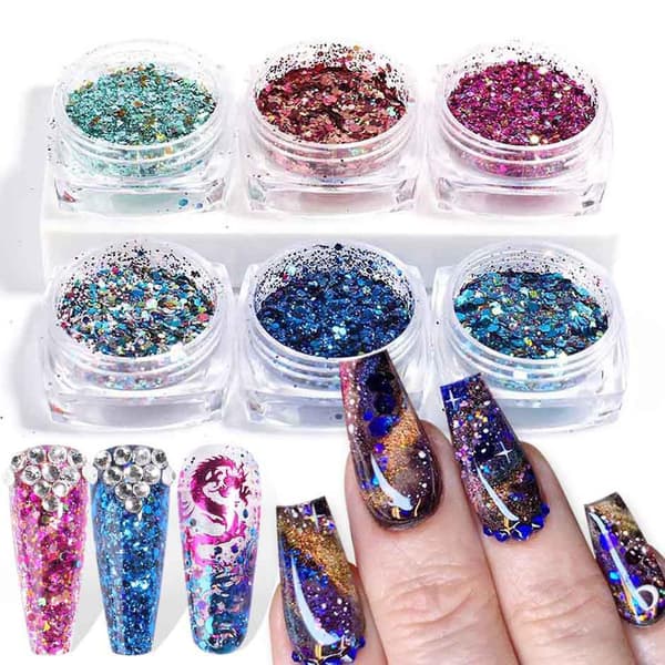 6pcs Nail Sequins Stylish Thin Plastic Shiny Nail Glitter Powder For Home 7