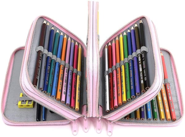 72 Slots 4-layer Zipper Pencil Case With Handle Strap, Oxford Fabric pink