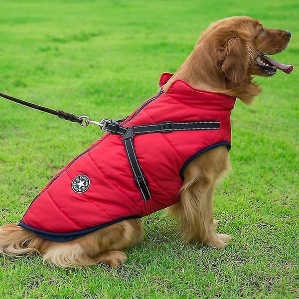 Large Pet Dog Jacket With Harness Winter Warm Dog Clothes black M
