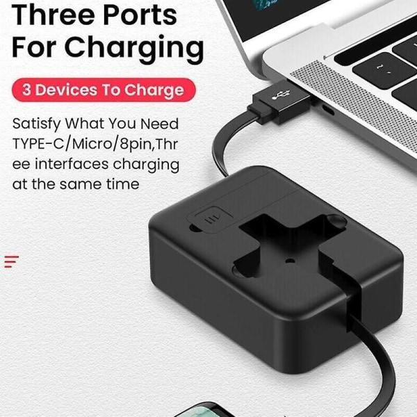 4-i-1 Uttrekkbar USB-lader Datakabel m/ Telefonstativ Type C Micro USB-kabel Black