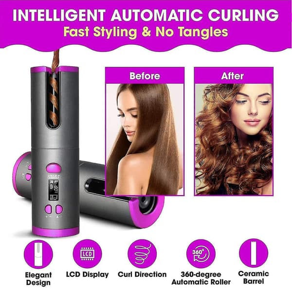 Wireless Automatic Hair Curler Rechargeable Rotating Curling Iron Led Display Temperature Adjustable