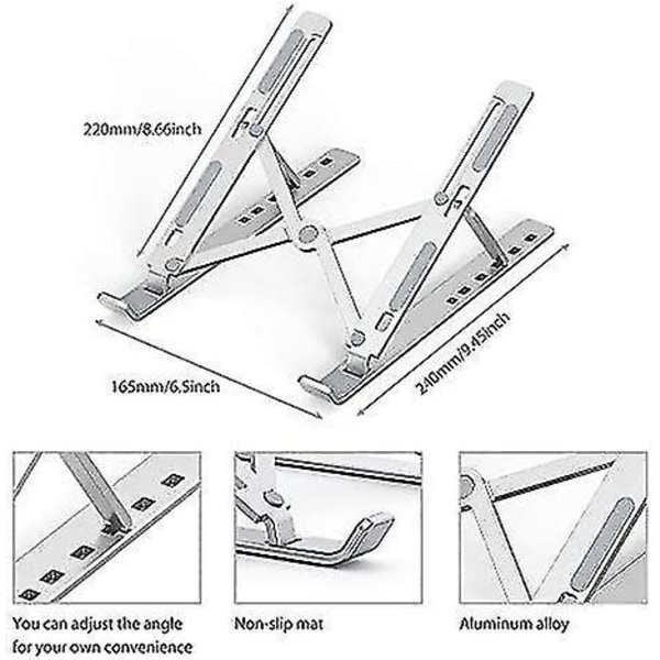Piao Ventileret Laptop Stand, Foldbar Stand Med 15-40, 6 Niveauer Justerbar Vinkel, Justerbar Stand Til 10-15.6 Tommer PC/tablet (sølv)