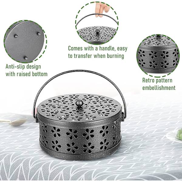 Retro Portable Iron Mosquito Incense Holder With Handle Round Fireproof Incense Holder(black)