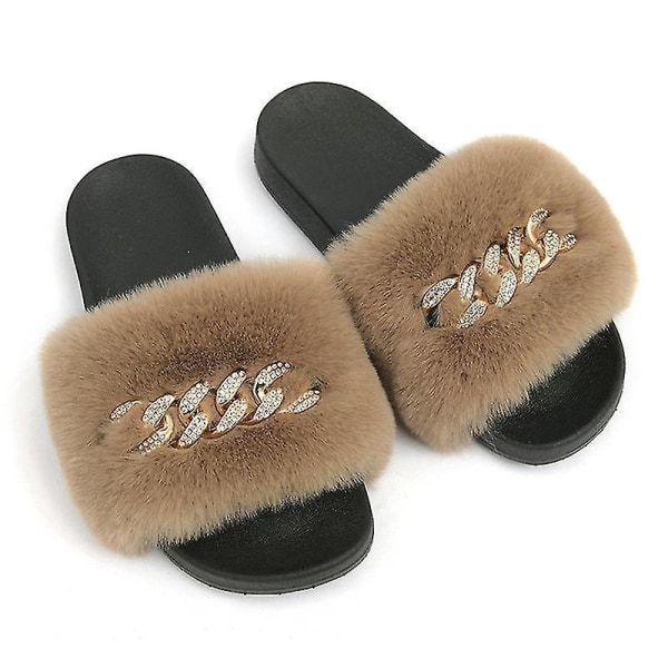 Women's Fluffy Faux Fur Slippers Comfy Open Toe Slides With Fle KHAKI 37