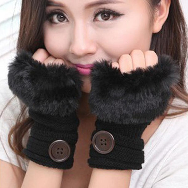 women Winter Faux Fur Wrist Fingerless Gloves Arm Warmer Mittens Black