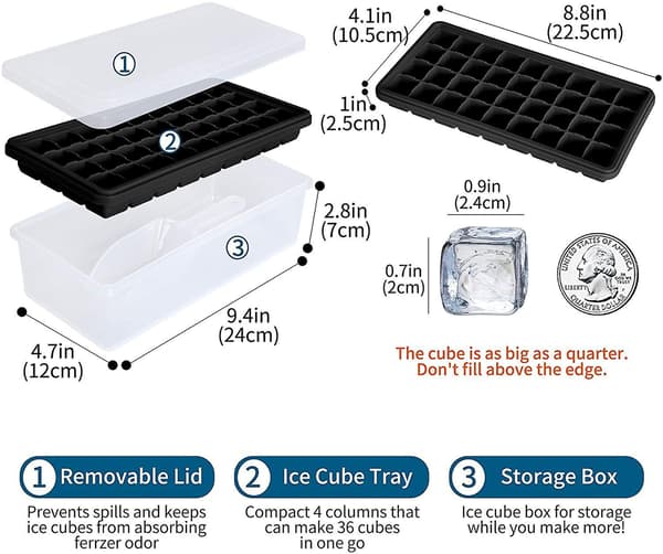 Flexible Safe Ice Cube Molds With Ice Container, Scoop And Cover(black) Black