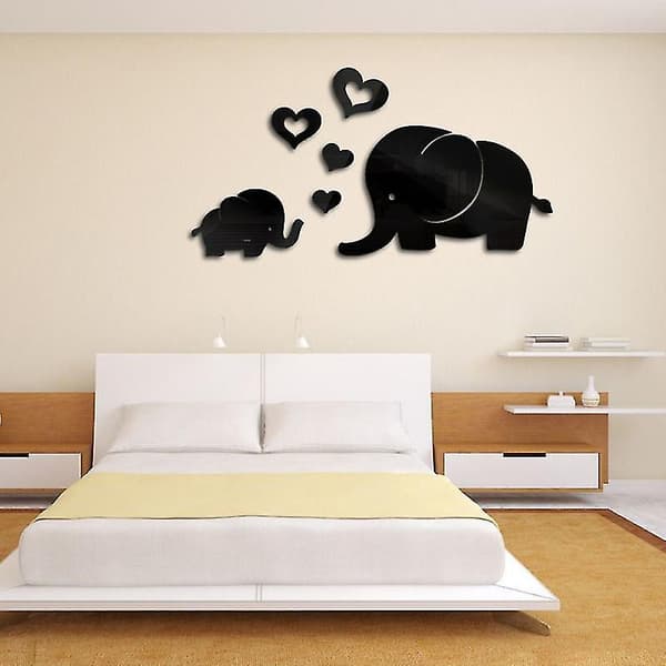 6pcs Acrylic Wall Decals Elephant Wall Decor Stickers 3d Mirror Decal Sticker Peel And Stick Wall Murals Diy Home Decoration ( Black )