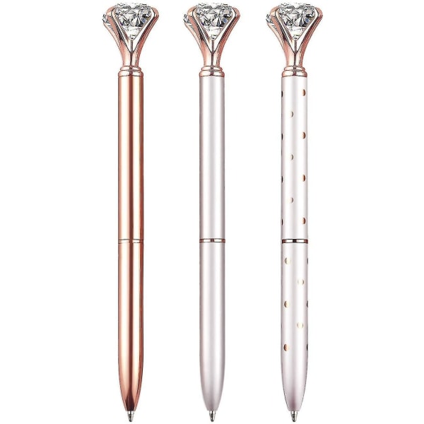 3 Pcs Bling Big Crystal Diamond Ballpoint Pen Metal Ballpoint Pens For Office Supplies Gift, Rose Gold/silver/white With Rose Polka Dots/, Includes 3