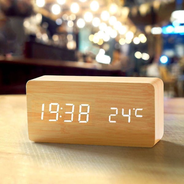 Betterlifefg-wooden Digital Clock - Multifunction Led Alarm Clock With Time/date/temperature Display And Voice Control For Home Travel, Bamboo Wood Co