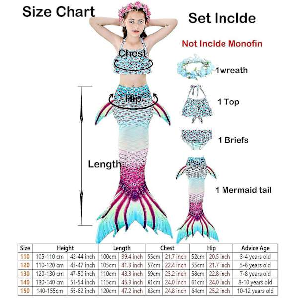 Kids Girls Mermaid Tail Bikini Set Swimwear Swimsuit Swimming Costume Included Garland Headband Color 5 4-5Years