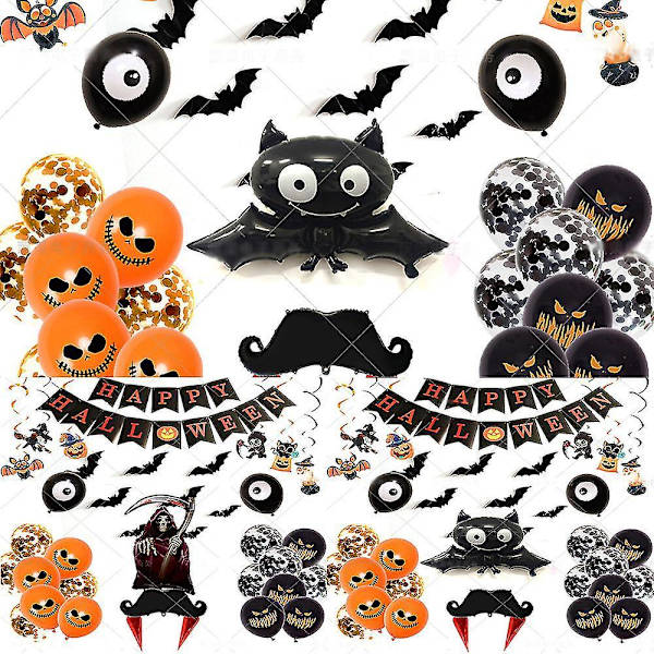 Halloween-koristepallosetti Oranssit mustat ilmapallot Lepakkotarrat Hyvää Halloweenia Banneri Juhlatapahtumatarvikkeet