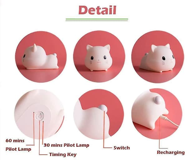 Led Kids Night Light Cute Cat Soft Silicone Baby Nursery Lamp Usb Rechargeable Brightness Adjustable