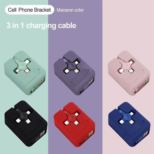 4-i-1 Udtrækkelig USB-oplader Datakabel m/ Telefonholder Type C Micro USB-kabel Pink