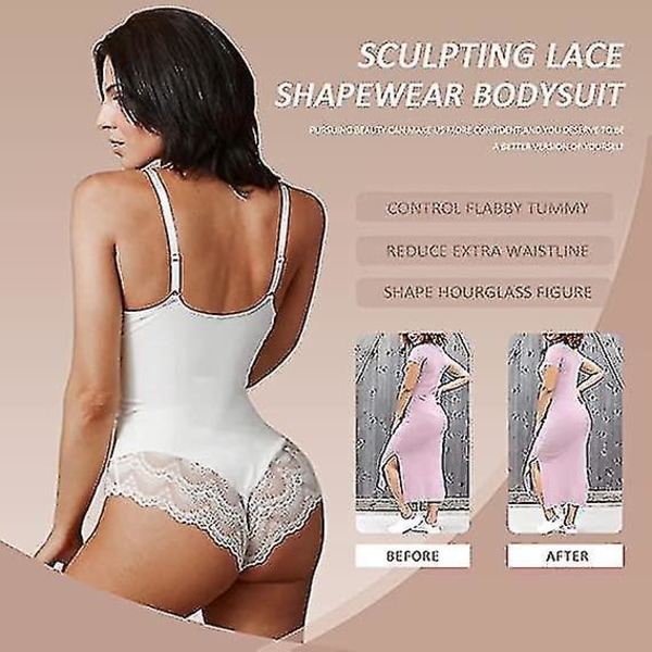 Lace Bodysuit For Women Tummy Control Shapewear V-neck Backless Camisole Sleeveless Slimmer Tops White XL