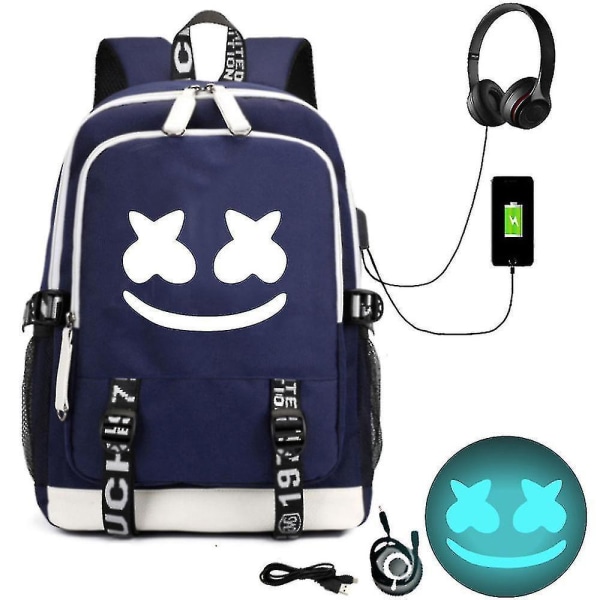 Marshmello Rygsæk med USB-opladning Stor Kapacitet Student Skoletaske Color-4