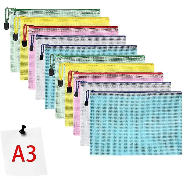 Document Pocket A3, 10 Pieces A3 File Zippered Pockets, Mesh Plastic Zippered