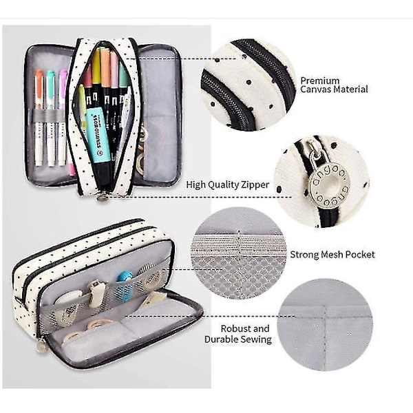 Large Capacity Pencil Case 3 Compartment Pouch Pen Bag black