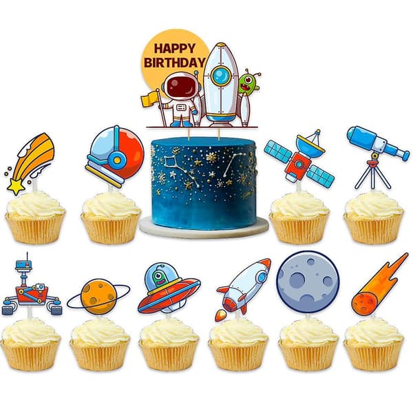 Space Themed Party 24pcs Balloons Banner Cake Insert Set Astronaut Rocket Spaceship Pull Flag Party Decoration