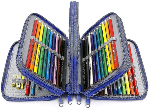 72 Slots 4-layer Zipper Pencil Case With Handle Strap, Oxford Fabric blue