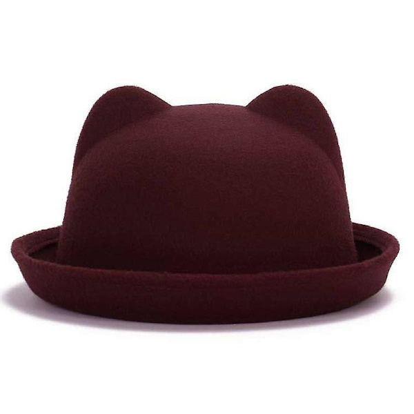 Bowlerhatte i uld til forældre og børn, Fedora-hatte Cat ear wine red 57cm