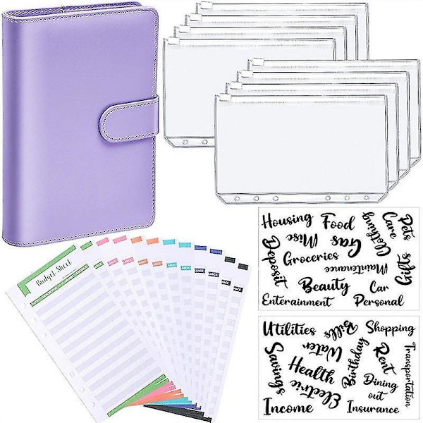 A6 Binder Budget Planner Notebook Covers Folder Size 6 Hole Pockets Plastic Zipper Money Saving Envelope Purple- Ssxjv