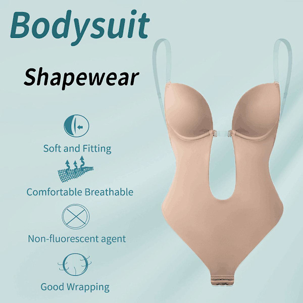Dame Dyb V-udskæring Body Shaper Stropløs Rygløs Bodysuit Shapewear U Dyb Sømløs G-streng M(34)