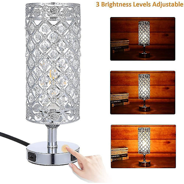 Touch Control Crystal Bedside Lamp With Dual Usb Port 3-way Dimmable Table Lamp