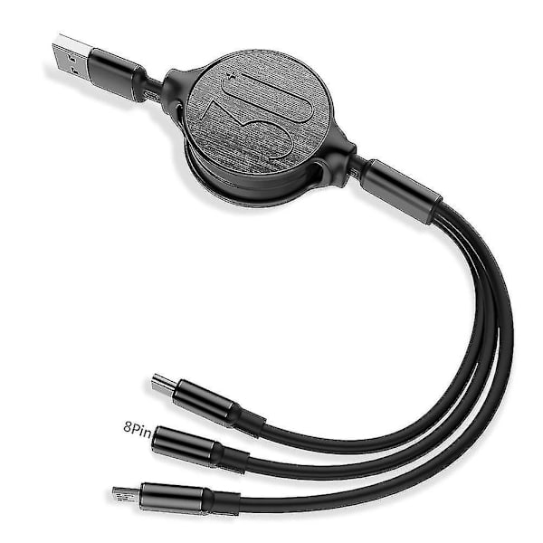3-in-1 sisäänvedettävä Micro USB Type-C 3A pikalatauskaapeli iPhone Androidille Black