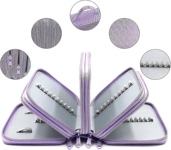 72 Slots 4-layer Zipper Pencil Case With Handle Strap, Oxford Fabric Purple