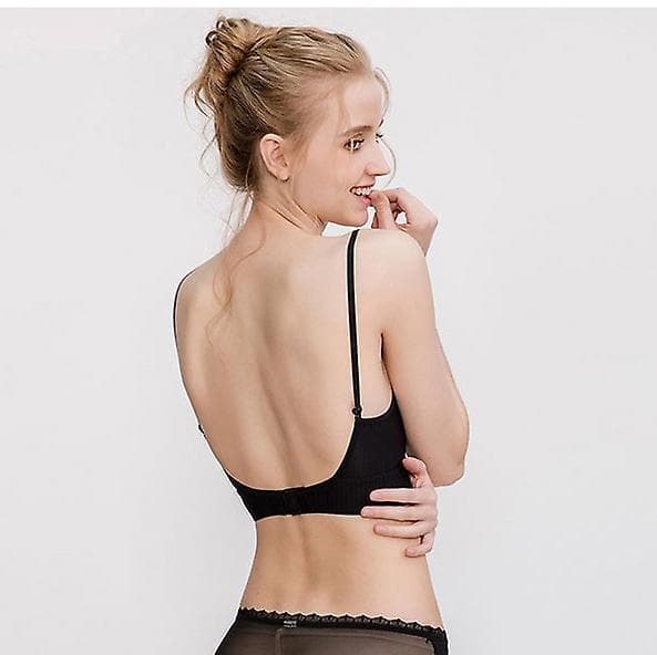 Women's Low Back Bras Without Steel Ring Backless Bra Deep V Neck Sexy Backless Bralette Black 75C