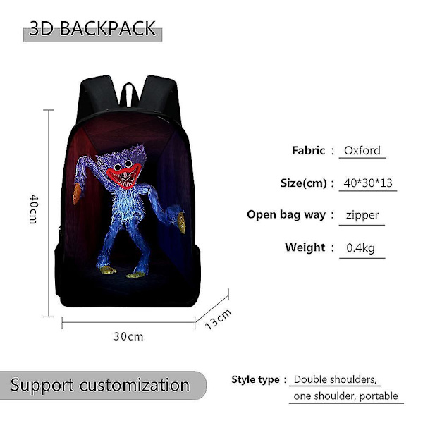 3 kpl Poppy Playtime Reppu & Lounasrasia Lapsille Opiskelijoille Koululaukku Reppu, Lounaslaukku, Penaali | Pelaajatuotteet Only Backpack