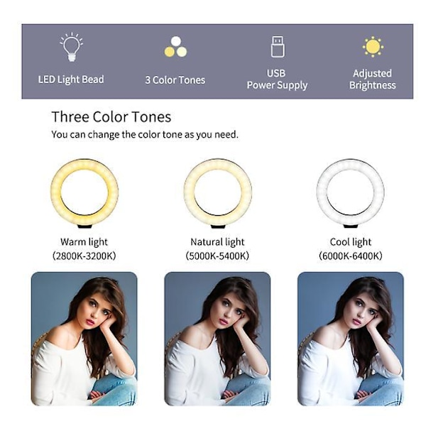 16 cm 6 tommer Ring Light med Tripod Stativ USB Opladning Selfie LED Lampe