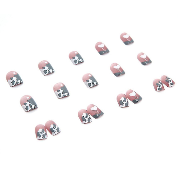24pcs Short Press On Nails Cow Pattern & Heart Full Coverage Artificial Nails Glue Models