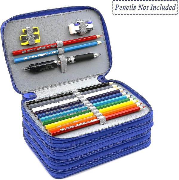 72 Slots 4-layer Zipper Pencil Case With Handle Strap, Oxford Fabric blue