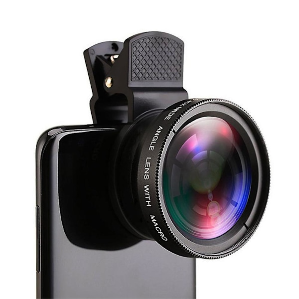 2 In 1 Lens Universal Clip Phone Lens Professional 0.45x 49uv Super Wide-angle + Macro Hd Lens Black