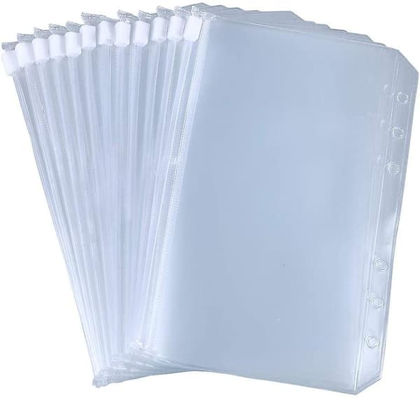 12 stk. ringbindslommer A5/a6 størrelse 6 huller ringbind lynlåsmapper til 6-rings notesbog ringbind løse ark poser, vandtætte PVC-poser dokumentmapper