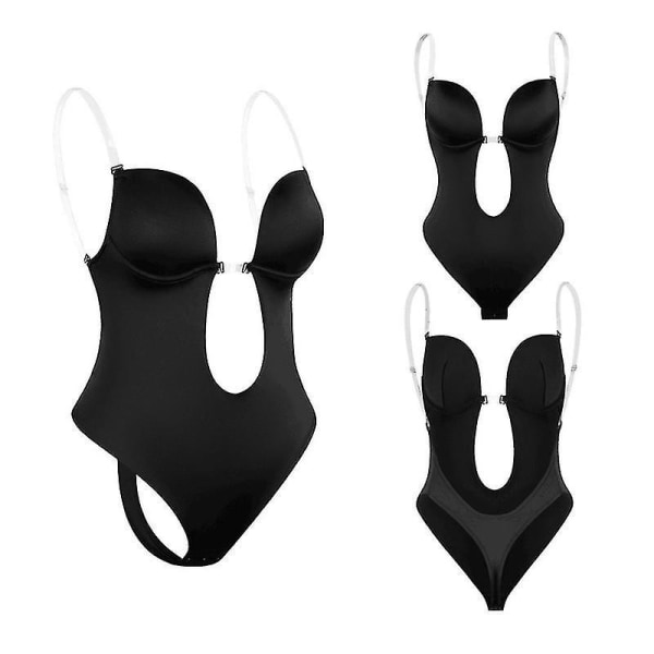 Bodysuit Deep V Backless Belly Corset Invisible Straps Bra Body Dress Evening Dress Shapewear Black L