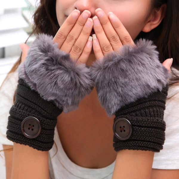 women Winter Faux Fur Wrist Fingerless Gloves Arm Warmer Mittens Dark Grey