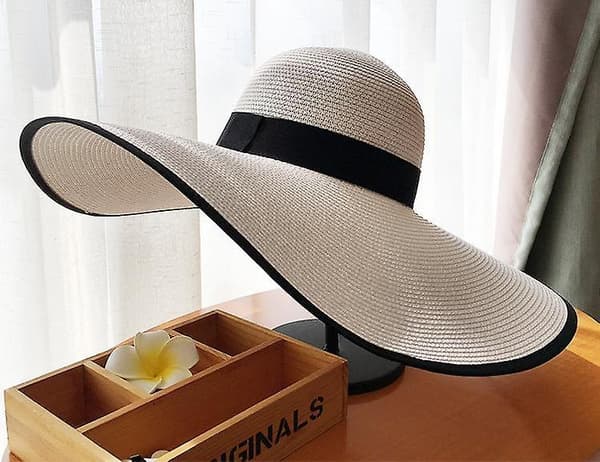 Sommerhatt for damer, solbeskyttelse, stråhatt, bred brem, lett og pustende, sløyfedesign (beige) White