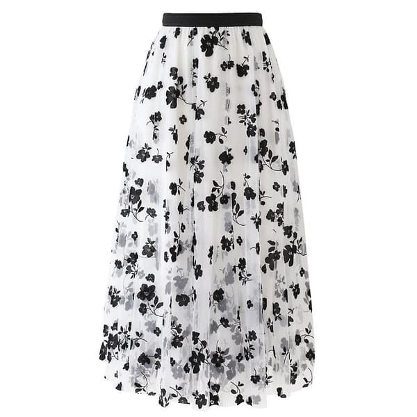Dame Forår Sommer Elastisk Høj Talje Lang Mesh Nederdel Dame Plisseret White L