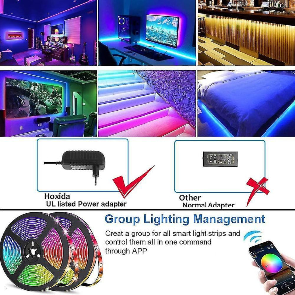 LED-lysstripe, 5 meter RGB-båndlys, Bluetooth-kontroll, 40-knappers fjernkontroll, Musikk-synkronisering