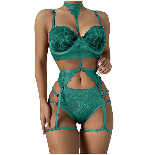 Women Sexy Solid Color Bralette Panty Strappy Lace Embroidery Lingerie Set Green XXL