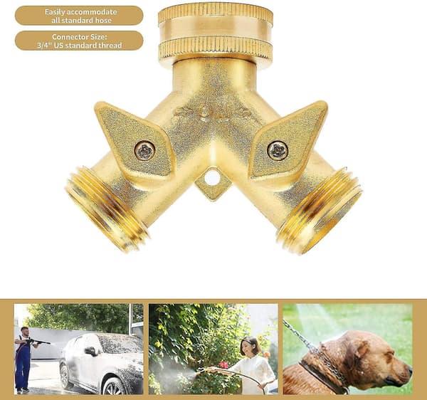 Hageslangesplitter 2-veis - Kraftig solid messing slange Y-splitter, 3/4\" messing slangeadapterkoblinger med avstengningsventil, slangekran