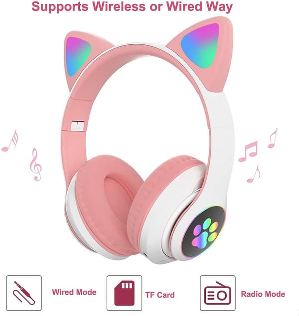 Bluetooth 5.0 Children Cat Ear Led Glowing Wireless Headset Noise Reduction Headset Pink