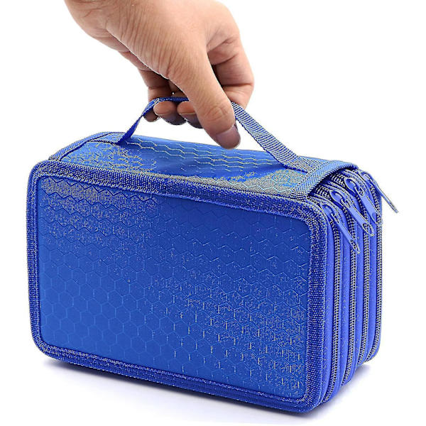 72 Slots 4-layer Zipper Pencil Case With Handle Strap, Oxford Fabric blue