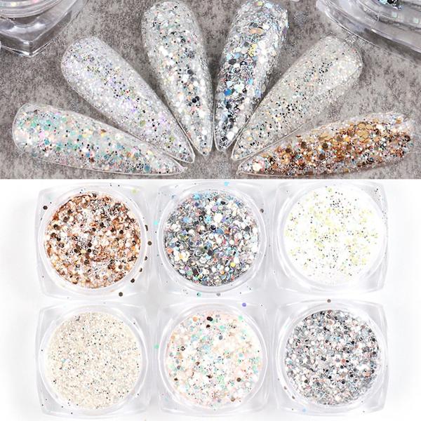 6 stk. Negle Pailletter Stilfuld Tynd Plastik Skinnende Negle Glitter Pulver Til Hjemmet 7